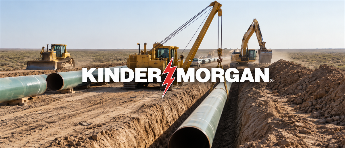 Kinder Morgan logo overlaid on a pipeline construction site with heavy machinery laying large pipes in a trench.
