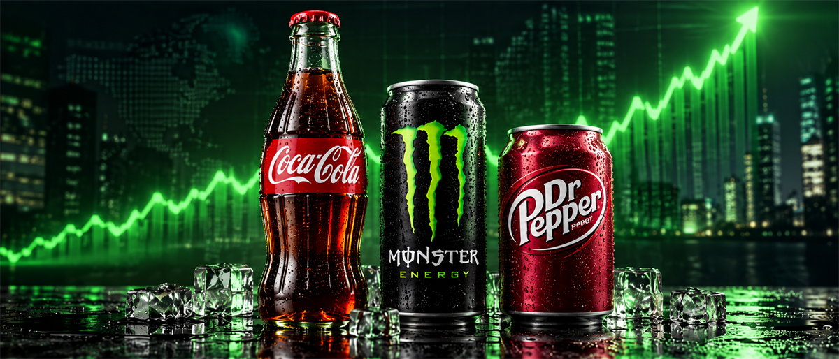 Coca-Cola bottle, Monster Energy can, and Dr Pepper can displayed against a city skyline with an upward green stock chart arrow.