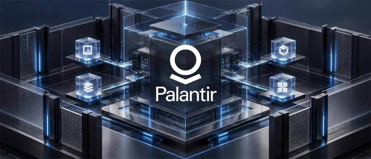 Palantir logo centered on a digital data-center structure with glowing blue connections to icon modules.