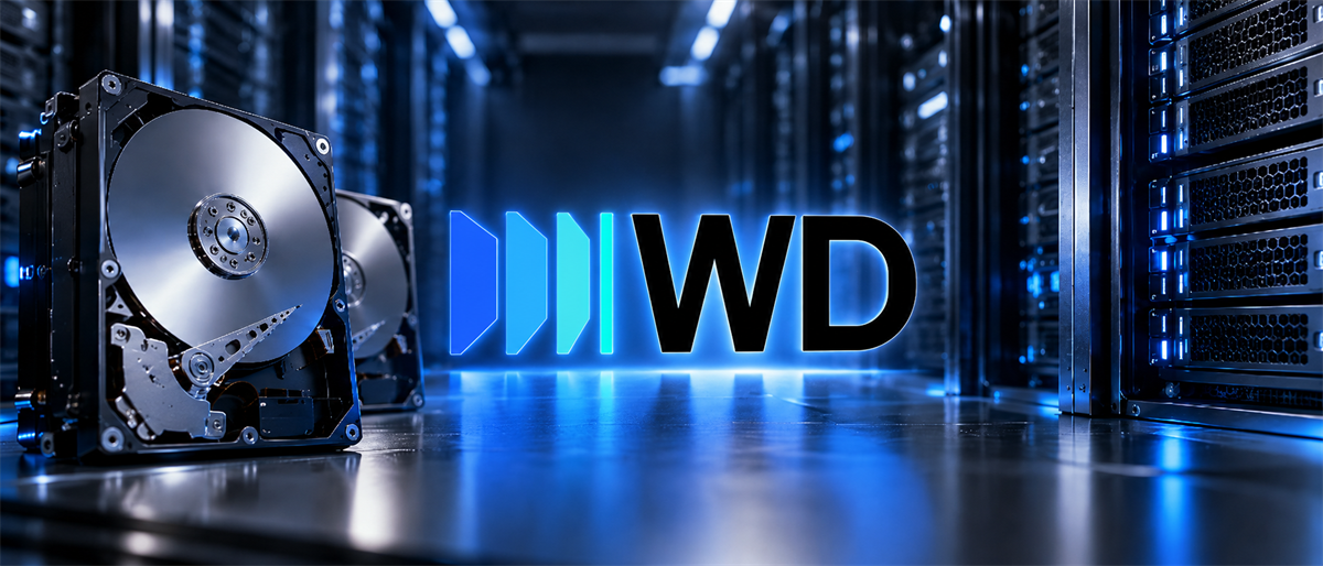 Western Digital (WD) logo with open hard disk drives in a server data center with blue lighting.