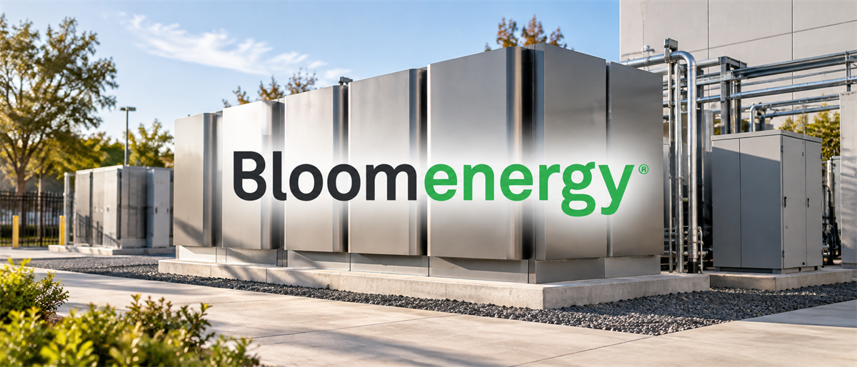 Bloom Energy logo overlaid on outdoor fuel cell power generation units installed at a facility.