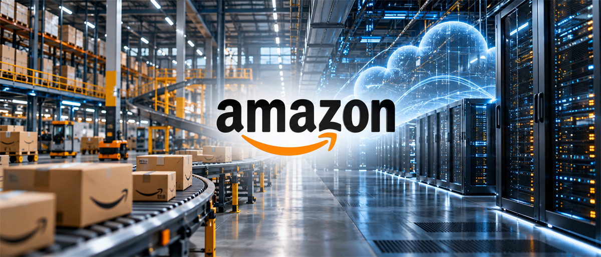 Amazon logo overlaid on a warehouse conveyor belt with boxes and a data center with cloud computing graphics.