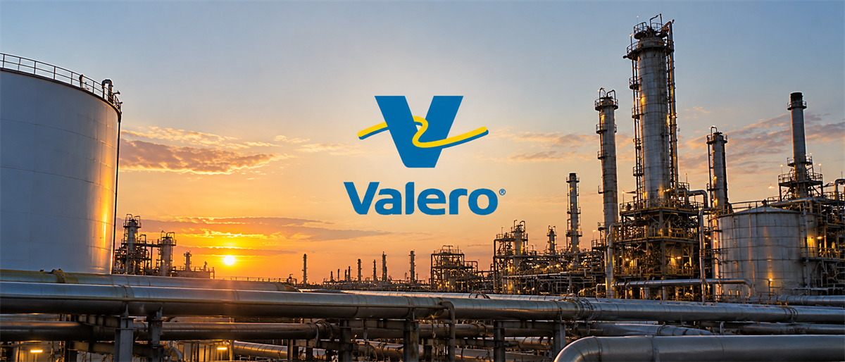 Valero Energy logo overlaid on an oil refinery with storage tanks and pipelines at sunset.