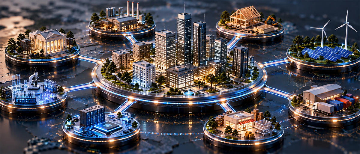 Illustration of a central city skyline linked by glowing pathways to sectors representing finance, industry, tech, energy, and retail.