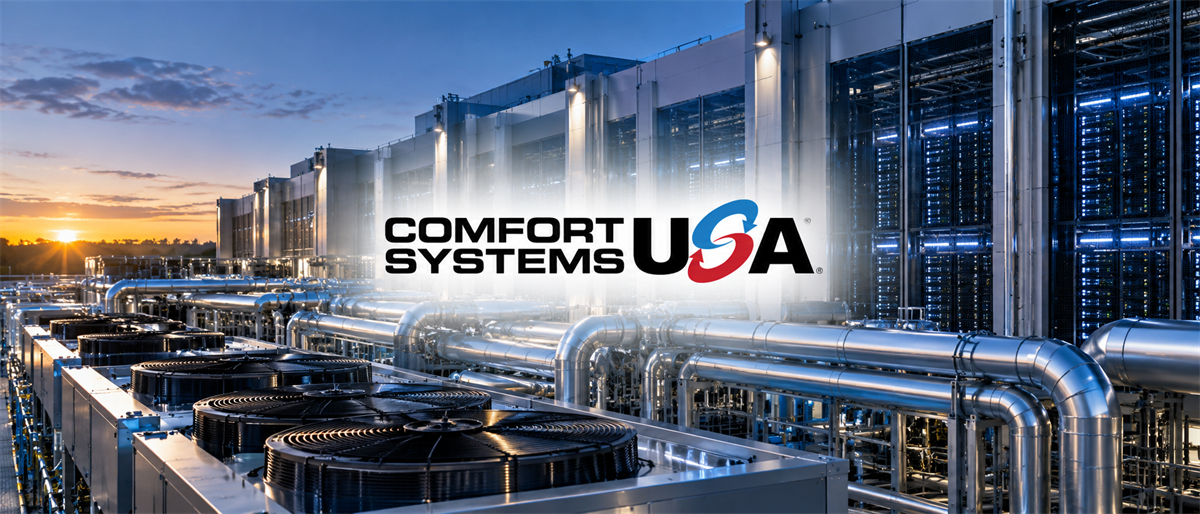 Comfort Systems USA logo over rooftop HVAC units and piping at a data center facility during sunset.