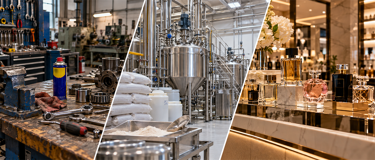 Three-panel composite showing a machine shop workbench, a chemical processing plant with steel tanks, and a perfume display counter.