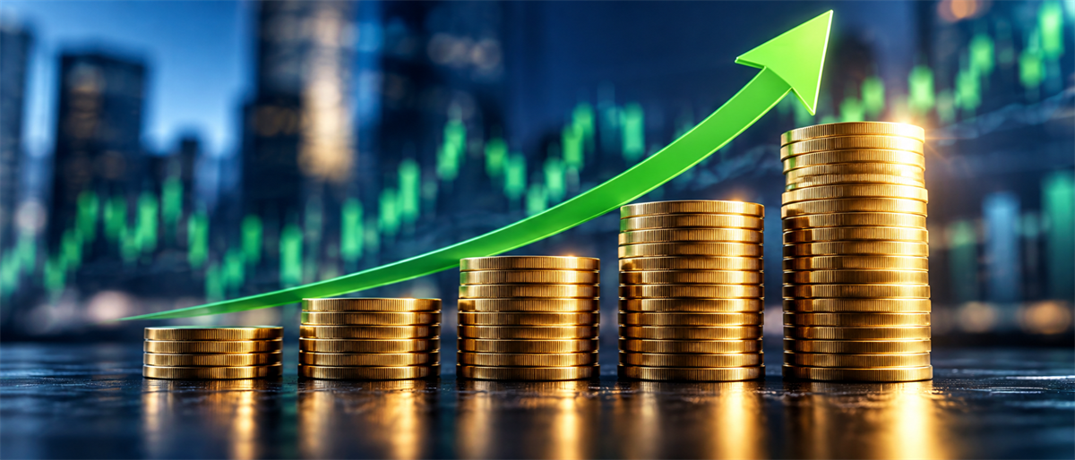 Rising stacks of gold coins with a green upward arrow against a city skyline and candlestick chart background.