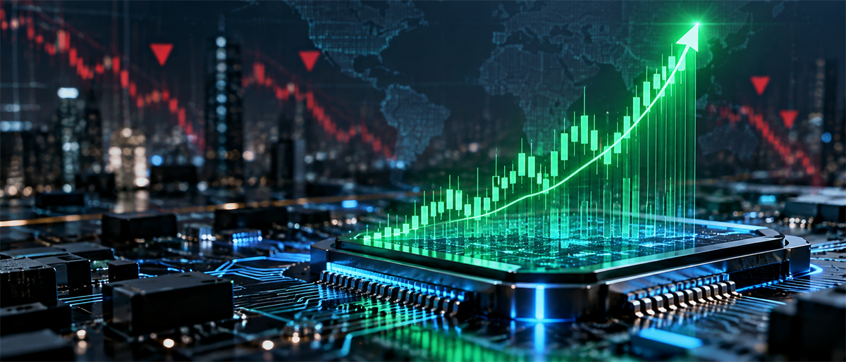 Illustration of a rising green stock chart and arrow above a computer chip, with a declining red chart in the background.
