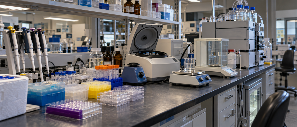 Laboratory bench with pipettes, microplates, a centrifuge, analytical balance, and chromatography equipment.