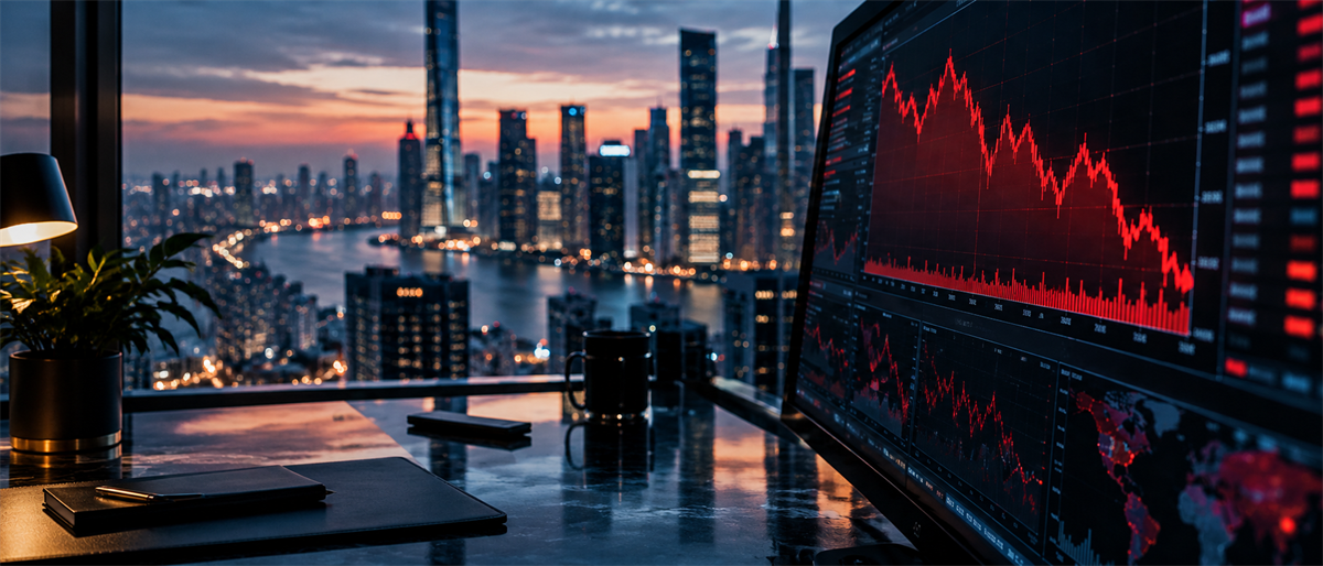 Office desk overlooking a city skyline at dusk, with a computer monitor displaying a declining red stock price chart.