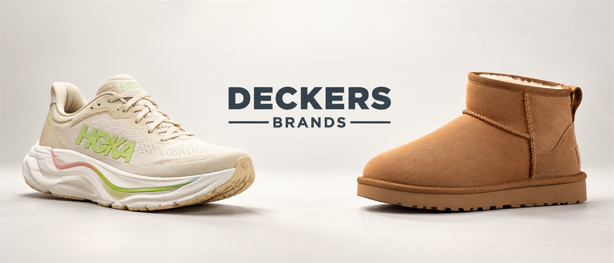 Deckers Brands logo displayed between a HOKA running shoe and a classic tan UGG boot.