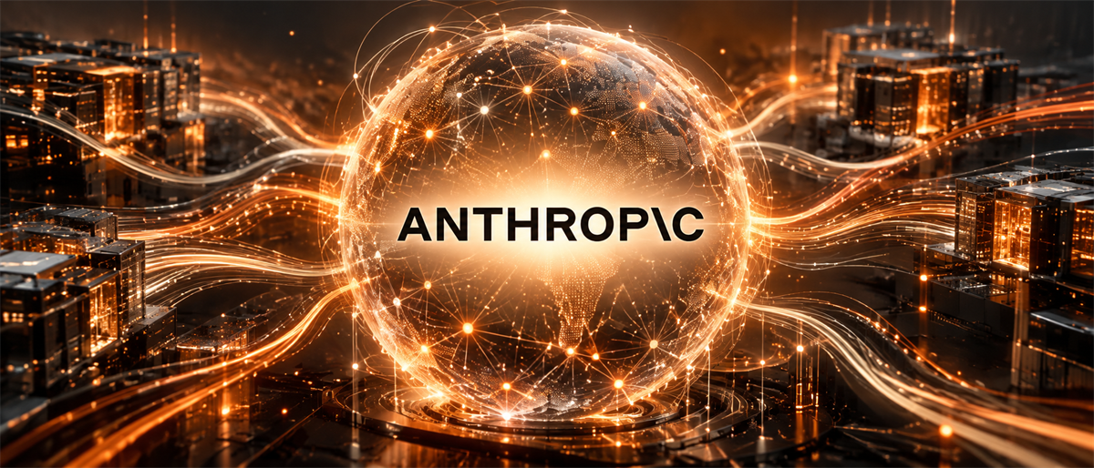 Illustration of the Anthropic logo over a glowing digital globe surrounded by data network light trails.