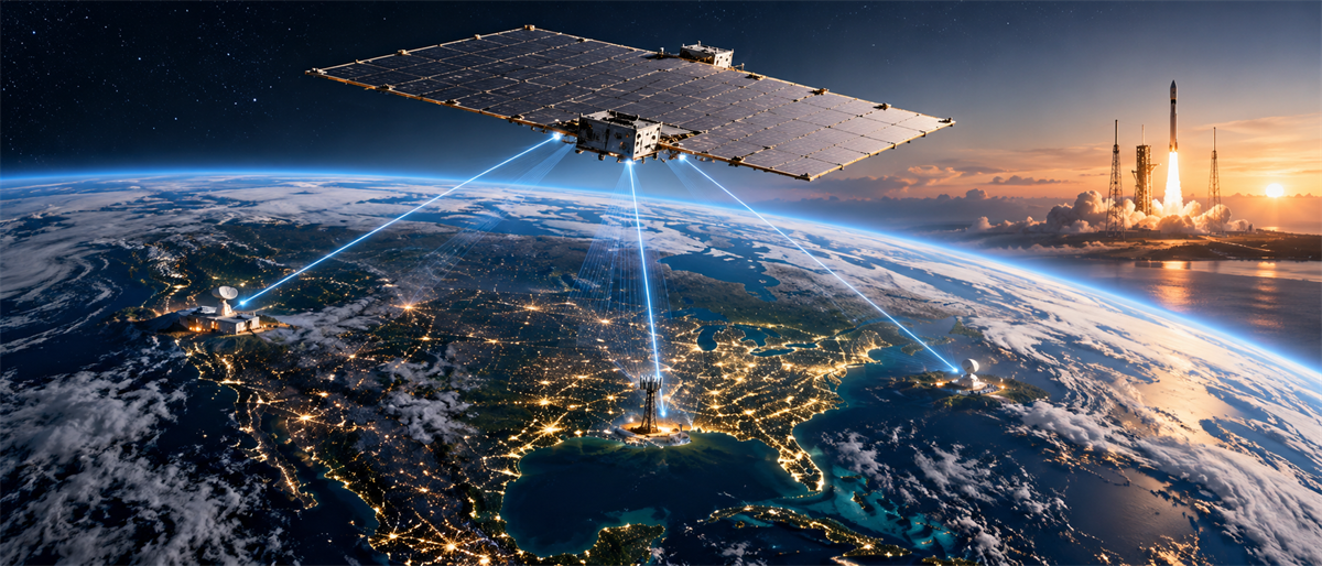 Illustration of a satellite beaming signals to ground stations over Earth, with a rocket launching in the background.
