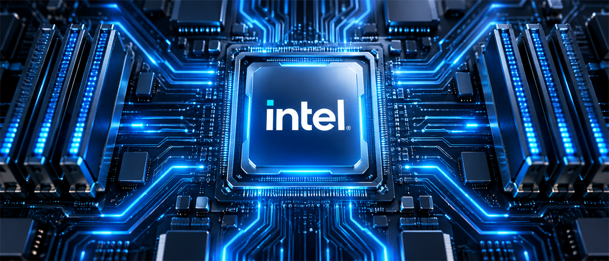 Intel logo illuminated on a computer chip surrounded by glowing blue circuit board pathways.