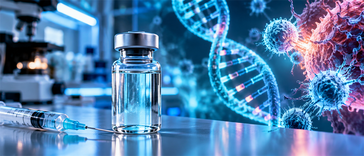 Vaccine vial and syringe on a lab surface with DNA strands and virus particle illustrations in the background.