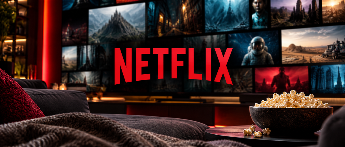Netflix logo displayed over a wall-mounted TV screen showing streaming content, with a bowl of popcorn in the foreground.