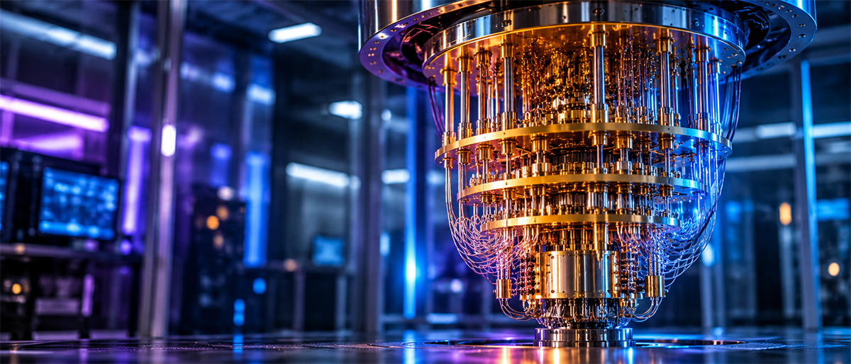 A gold-and-chrome quantum computing cryostat with layered cooling stages in a lab setting lit by blue and purple light.