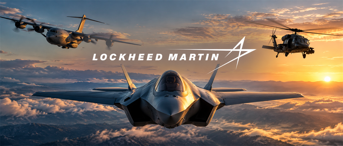 Lockheed Martin logo with a fighter jet, military transport plane, and helicopter flying over mountains at sunset.