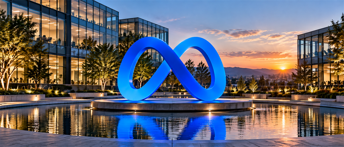 Meta's blue infinity-loop logo sculpture stands in a reflecting pool outside corporate office buildings at sunset.