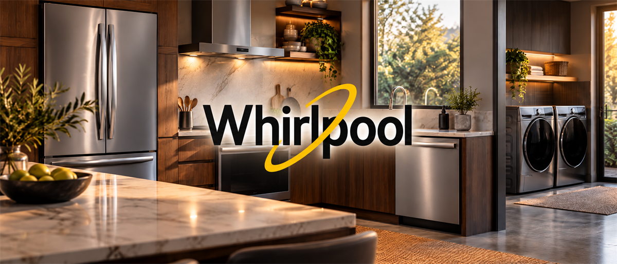 Whirlpool logo overlaid on a kitchen with stainless steel refrigerator, range hood, and a laundry area with washer and dryer.