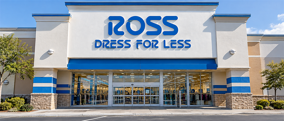 Exterior storefront of a Ross Dress for Less retail location with glass entrance doors and blue signage.