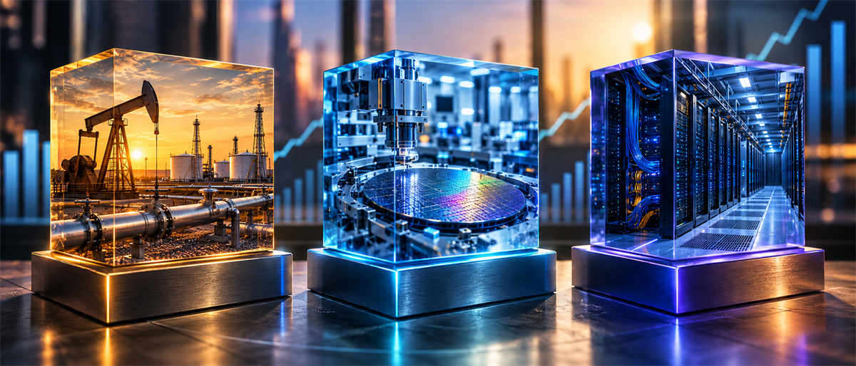 Illustration of three glass cubes depicting an oil pumpjack, semiconductor wafer fabrication, and a server data center with stock charts in the background.