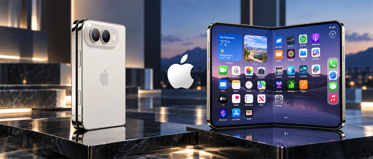 Concept rendering of a foldable Apple smartphone with open home screen display, alongside a folded device and Apple logo.