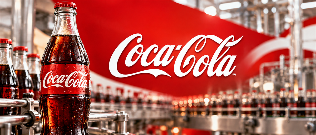 Glass Coca-Cola bottles on a factory conveyor belt with the Coca-Cola logo displayed in the background.