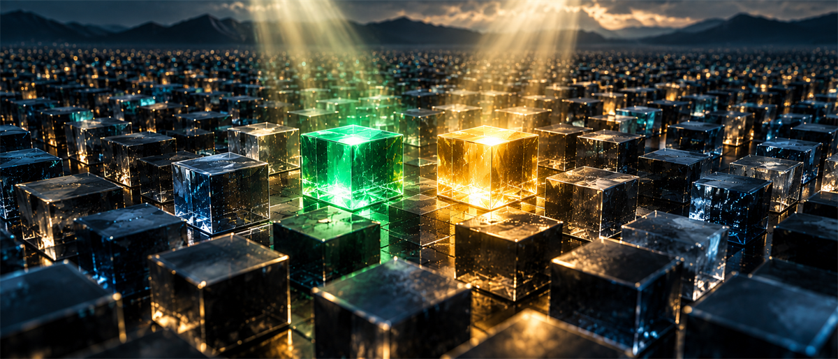 Illustration of a grid of translucent dark cubes with two glowing green and gold cubes standing out under light beams.