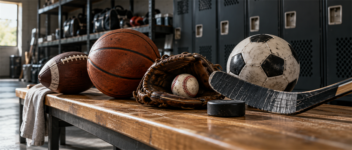 A football, basketball, baseball glove with ball, hockey stick and puck, and soccer ball rest on a locker room bench.
