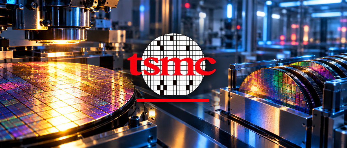TSMC logo overlaid on a semiconductor fabrication facility with silicon wafers on manufacturing equipment.