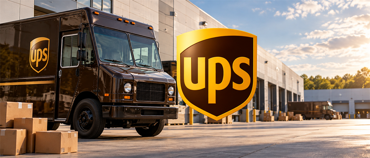 A UPS delivery truck and cardboard packages parked at a distribution facility with the UPS logo displayed.