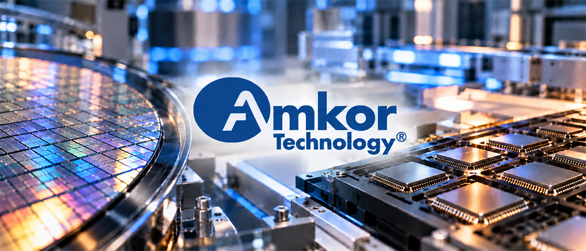 Amkor Technology logo displayed over a semiconductor wafer and microchips on a manufacturing production line.