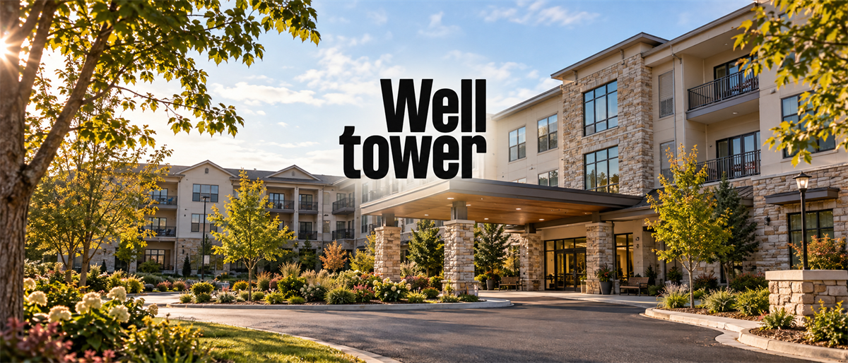 Welltower logo displayed over a photo of a senior living residential building with stone exterior and landscaped entrance.