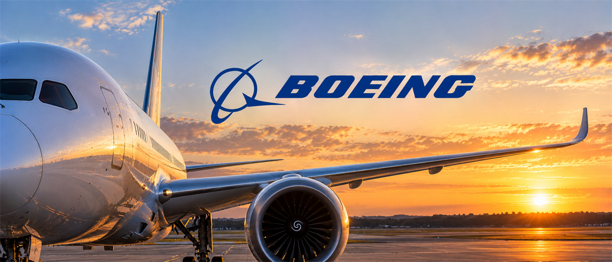 A Boeing commercial aircraft parked on a tarmac at sunset, with the Boeing logo overlaid on the sky.