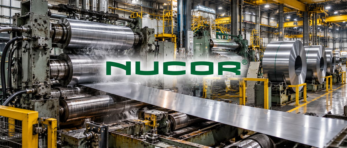 Nucor logo overlaid on a steel manufacturing plant with rolled steel coils and sheet metal processing equipment.