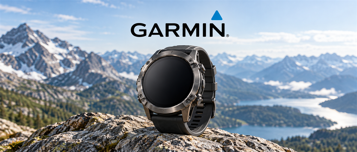 Garmin logo above a smartwatch on a rock, with mountains and a lake in the background.