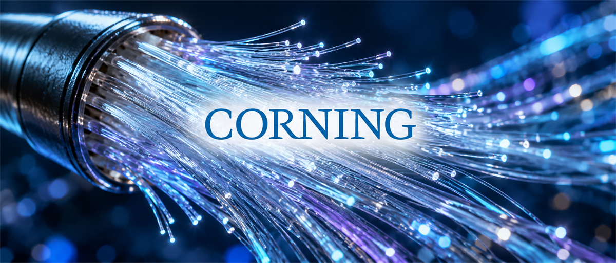 Illuminated fiber optic cables glowing blue and purple with the Corning company logo overlaid on the image.
