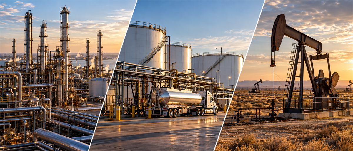 Three-panel collage of oil industry infrastructure, showing a refinery, storage tanks with a tanker truck, and pumpjacks at sunset.