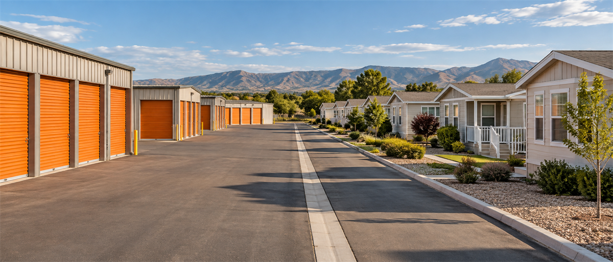 Row of self-storage units with orange doors beside a residential street lined with manufactured homes and mountains beyond.