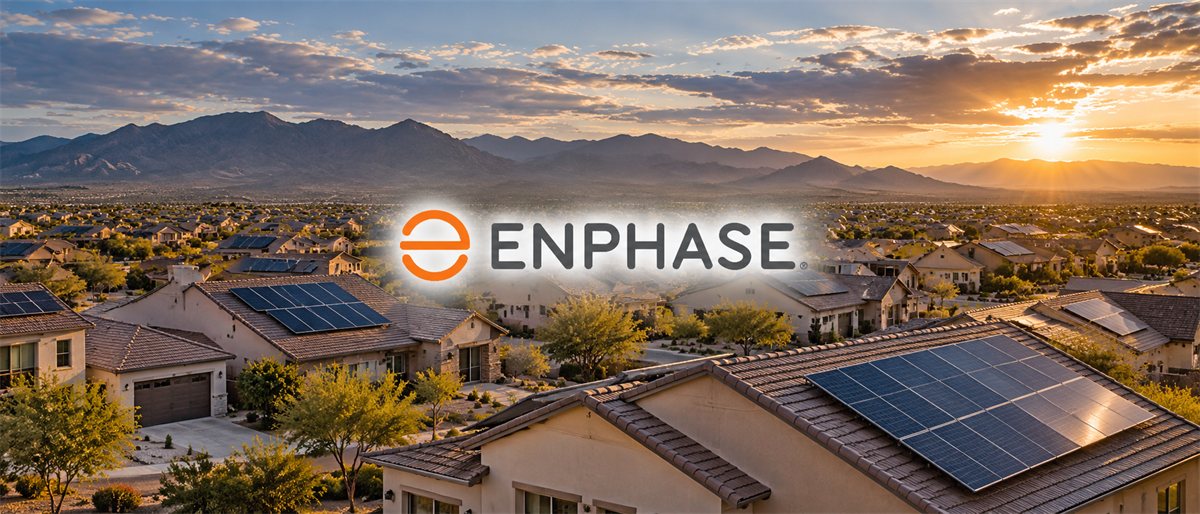 Enphase Energy logo over a residential neighborhood with rooftop solar panels at sunset, mountains in background.