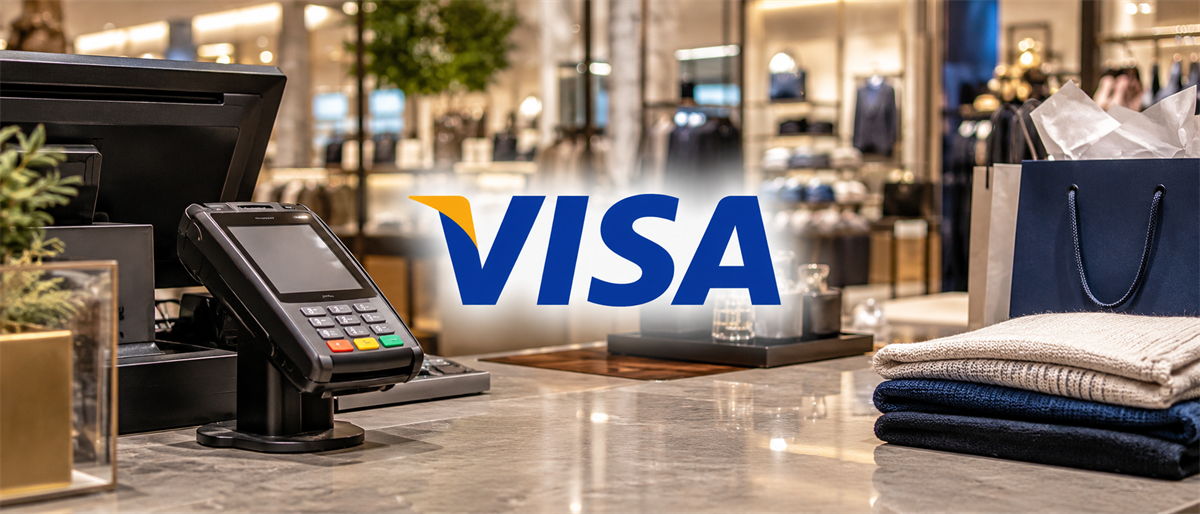 Visa logo displayed over a retail store checkout counter with a payment terminal and shopping bags.