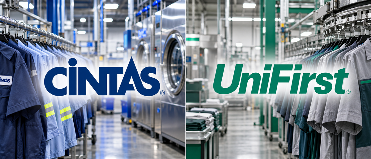 Split image of industrial garment facilities with Cintas and UniFirst logos over racks of uniforms on conveyor systems.