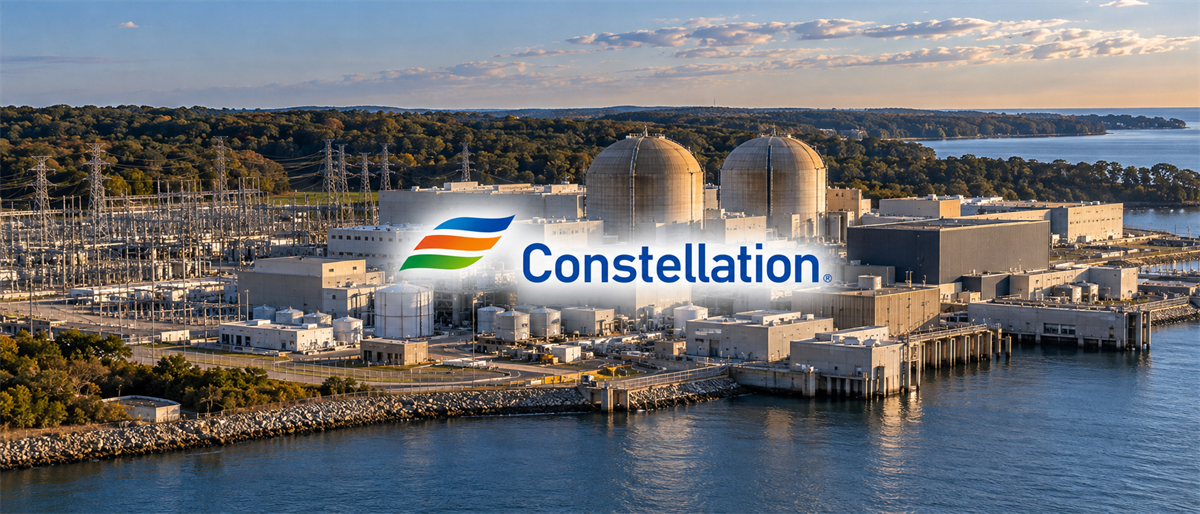Constellation Energy logo overlaid on an aerial view of a nuclear power plant with cooling domes near water.