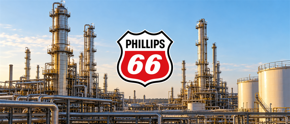 Phillips 66 logo shown in front of an oil refinery with distillation towers and storage tanks.