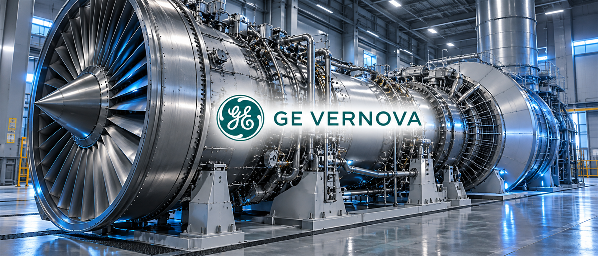 A large industrial gas turbine in a manufacturing facility with the GE Vernova logo overlaid.