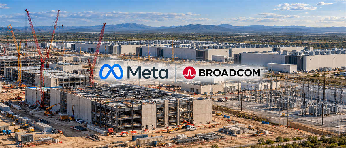 Meta and Broadcom logos overlaid on an aerial view of a large data center under construction with cranes.