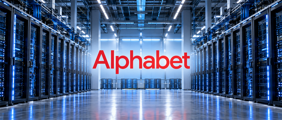 Alphabet logo displayed in red text inside a data center aisle lined with illuminated server racks.