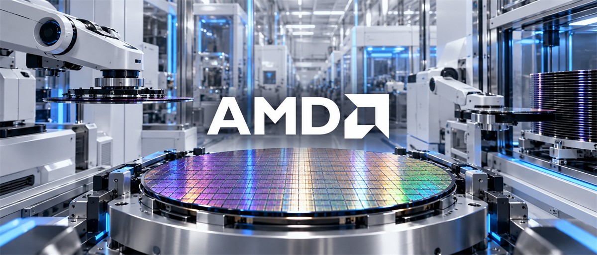 AMD logo displayed over a semiconductor wafer surrounded by robotic manufacturing equipment in a chip fabrication facility.