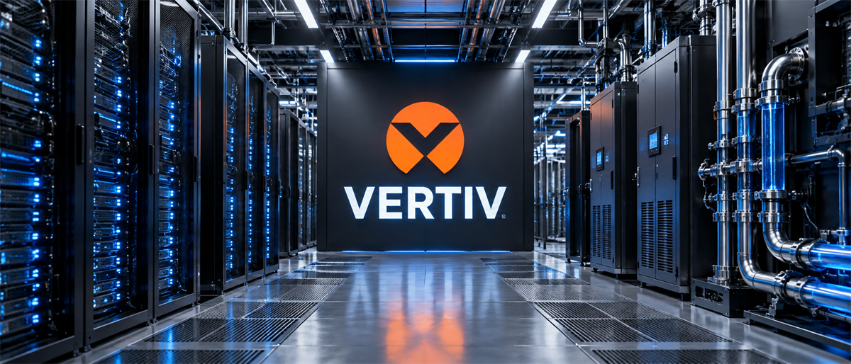 Vertiv logo illuminated on a wall in a data center aisle lined with server racks and cooling equipment.